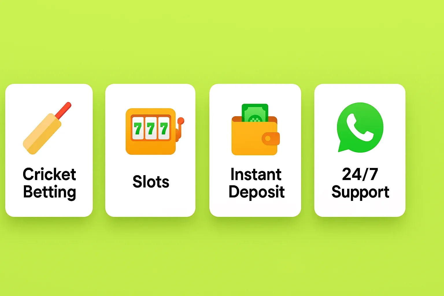 Four mobile app feature cards on lime green background with icons
