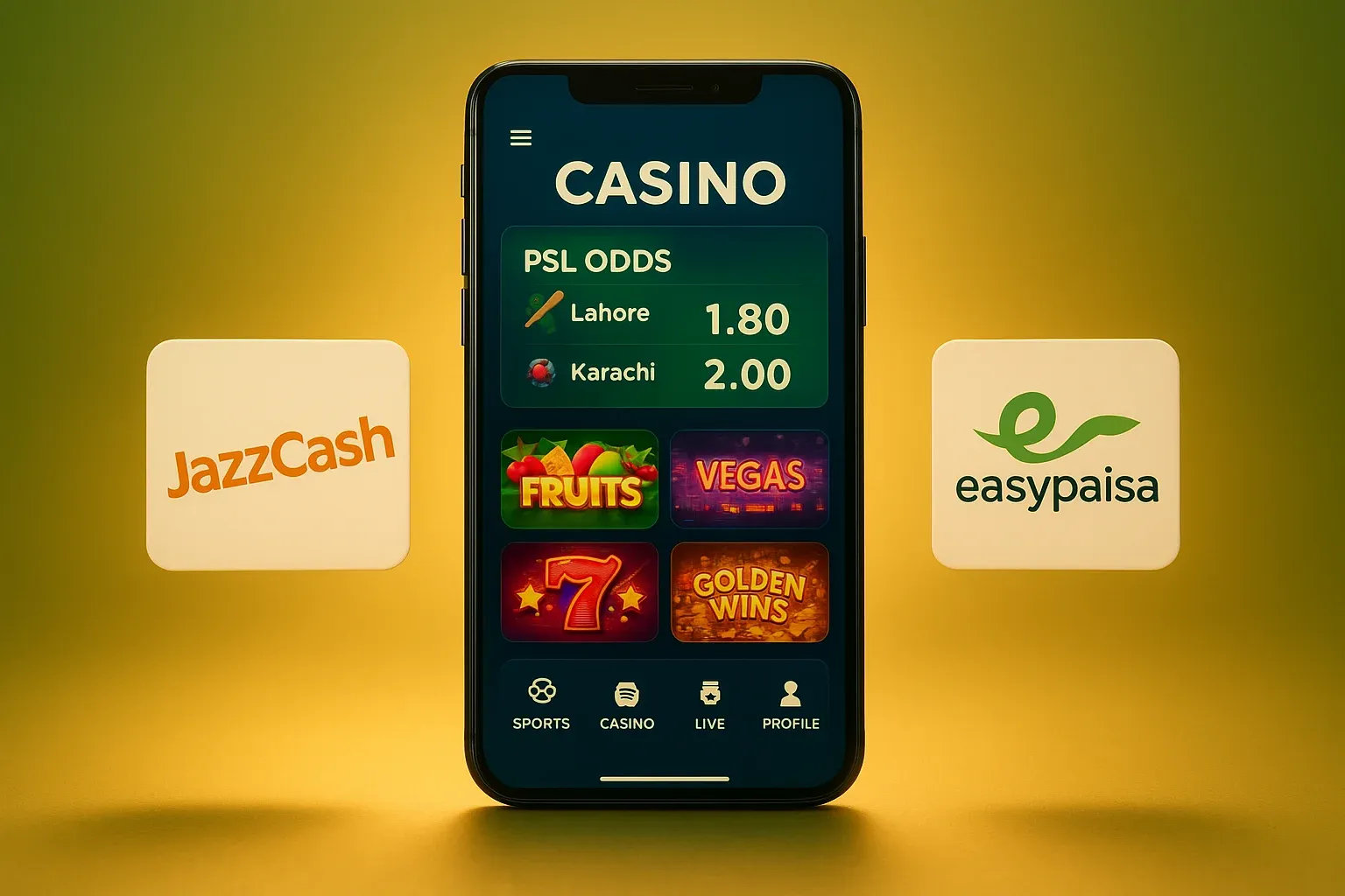 Android phone showing PSL cricket odds, slots, JazzCash and Easypaisa logos