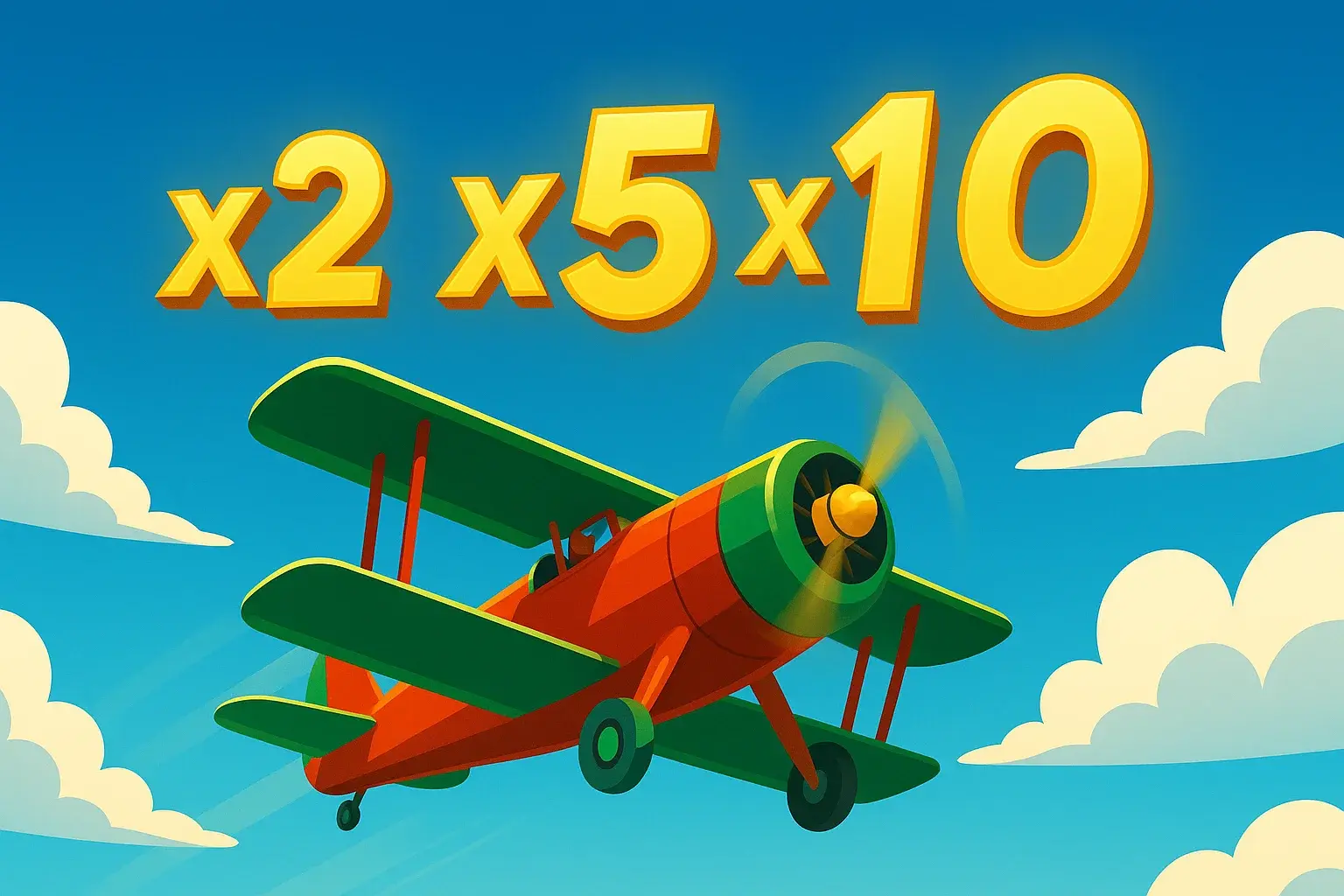 Red and green airplane soaring with glowing gold multiplier numbers in blue sky