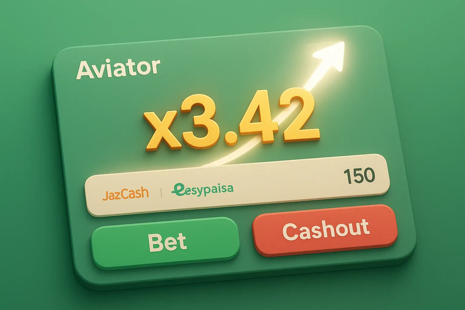 Aviator UI screenshot with glowing curve, x3.42 multiplier, bet and cashout buttons