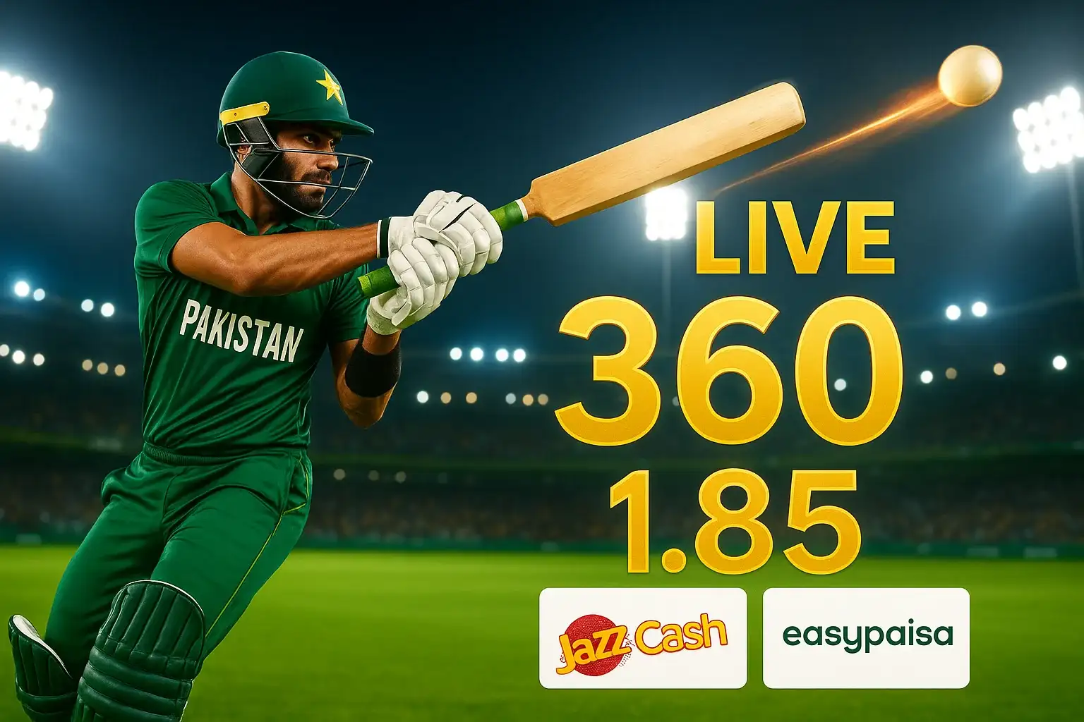 PSL night stadium with Pakistani batsman hitting six, live odds overlay