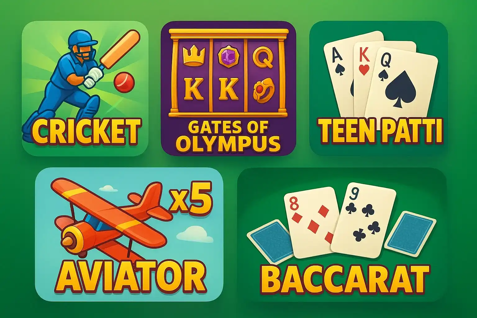 Five Pakistani casino game covers on bright green gradient background