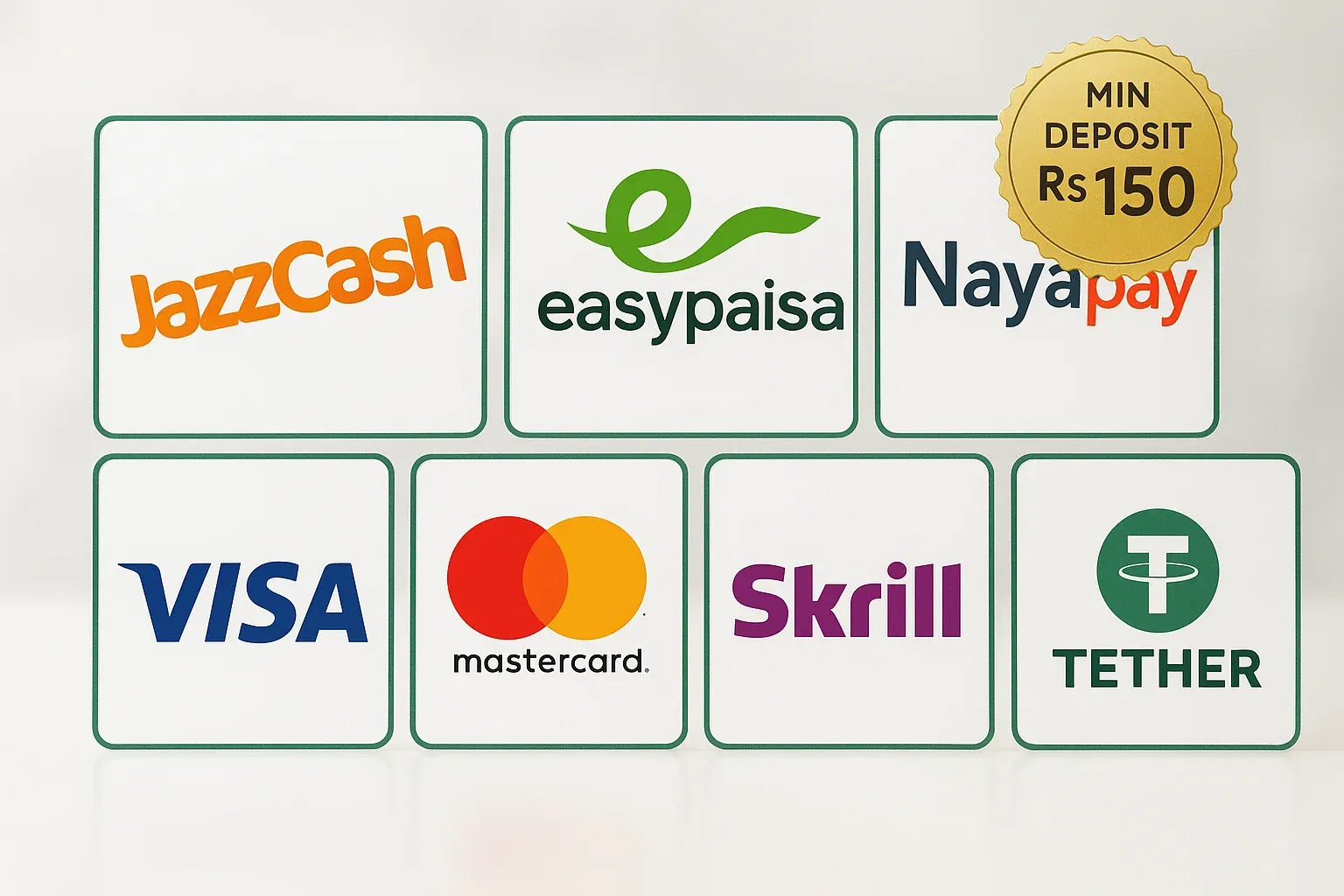 Pakistani mobile payment logos on white cards with green borders