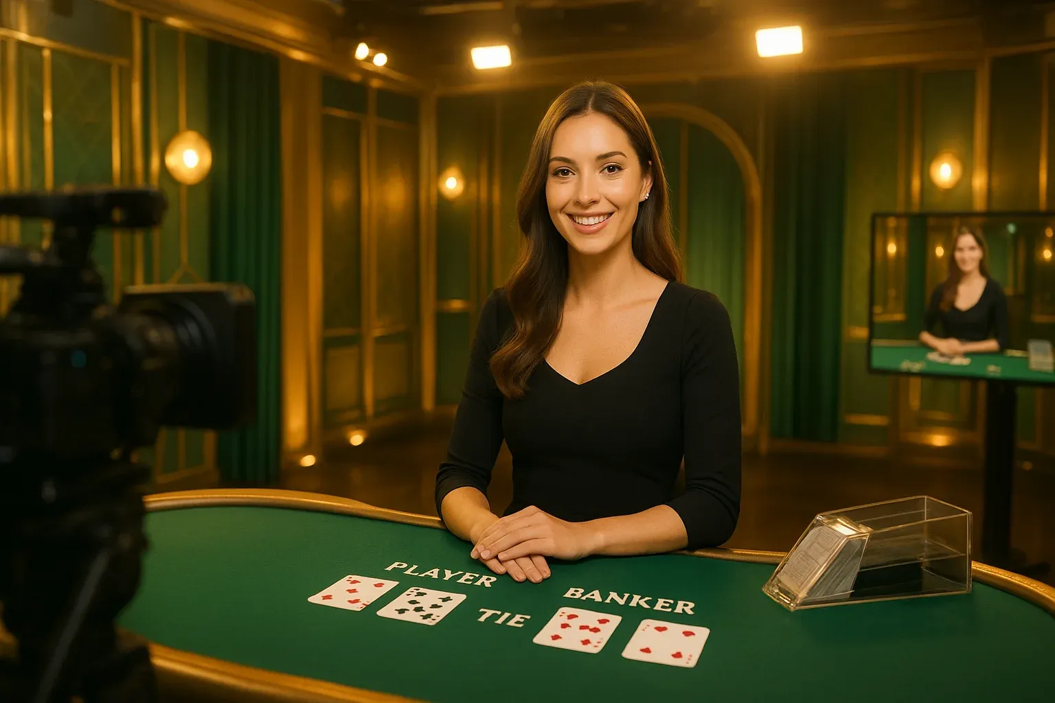 Smiling female dealer at green baccarat table in bright live casino studio