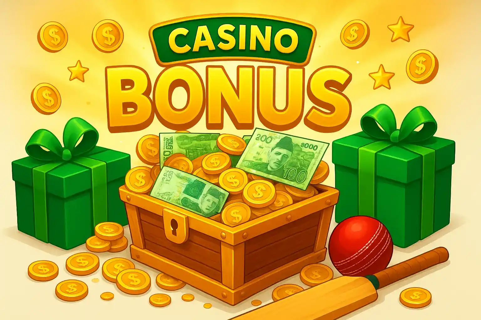 Pakistani casino bonus banner with treasure chest, rupee notes, gifts, cricket