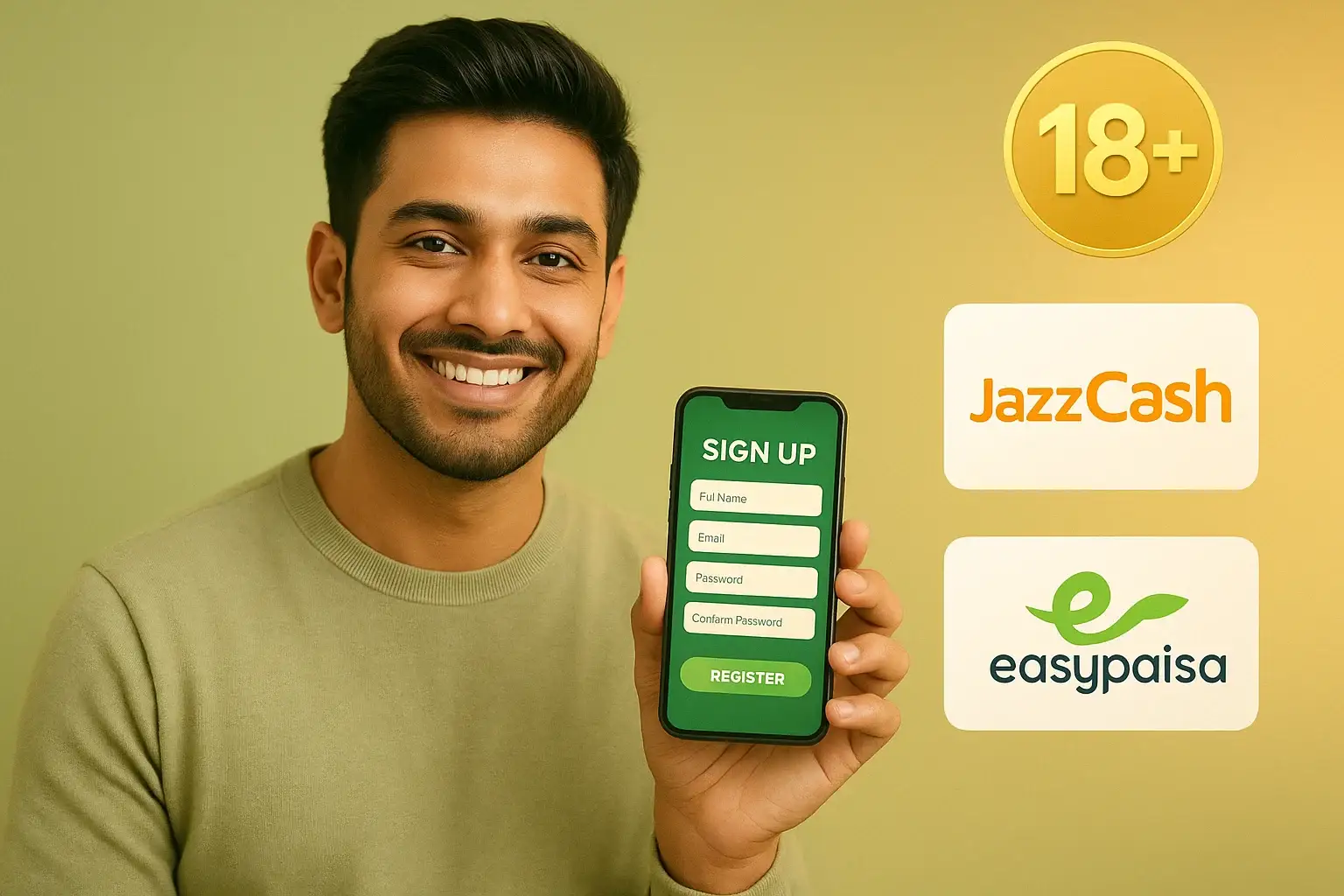 Smiling young Pakistani man showing casino sign-up form on smartphone with 18+ badge