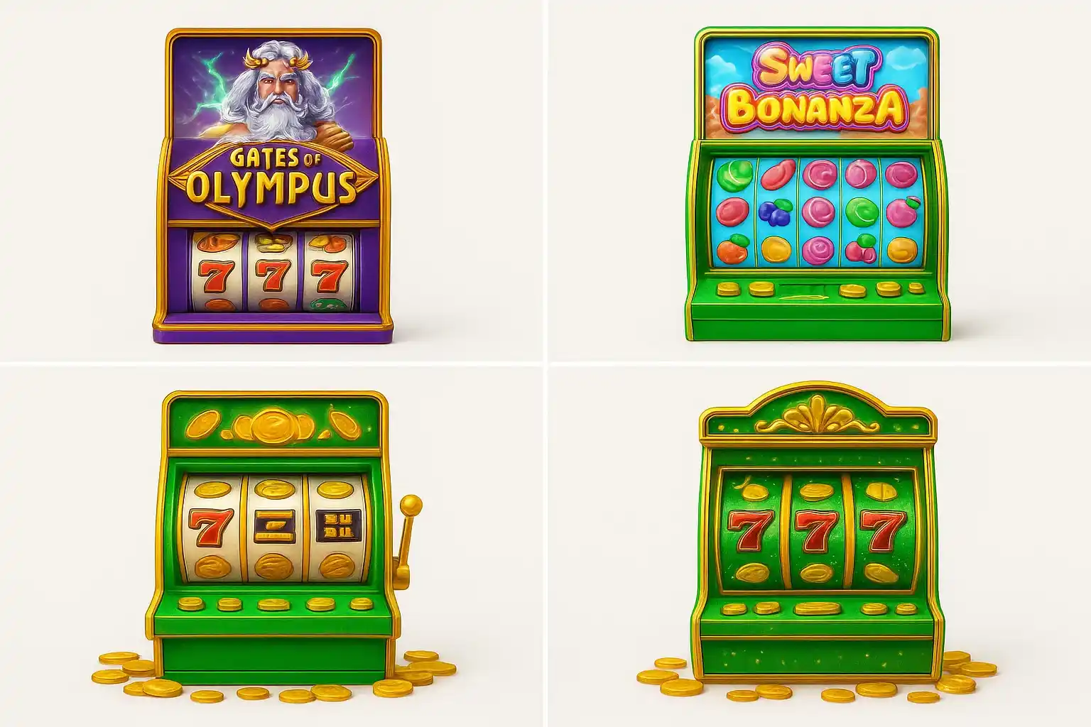 Pakistani casino slot machines collage with Zeus lightning, candy theme, gold coins