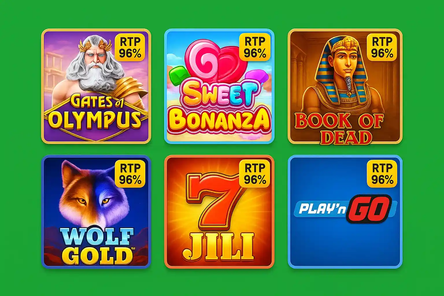 Six popular slot game covers in grid on vivid green background