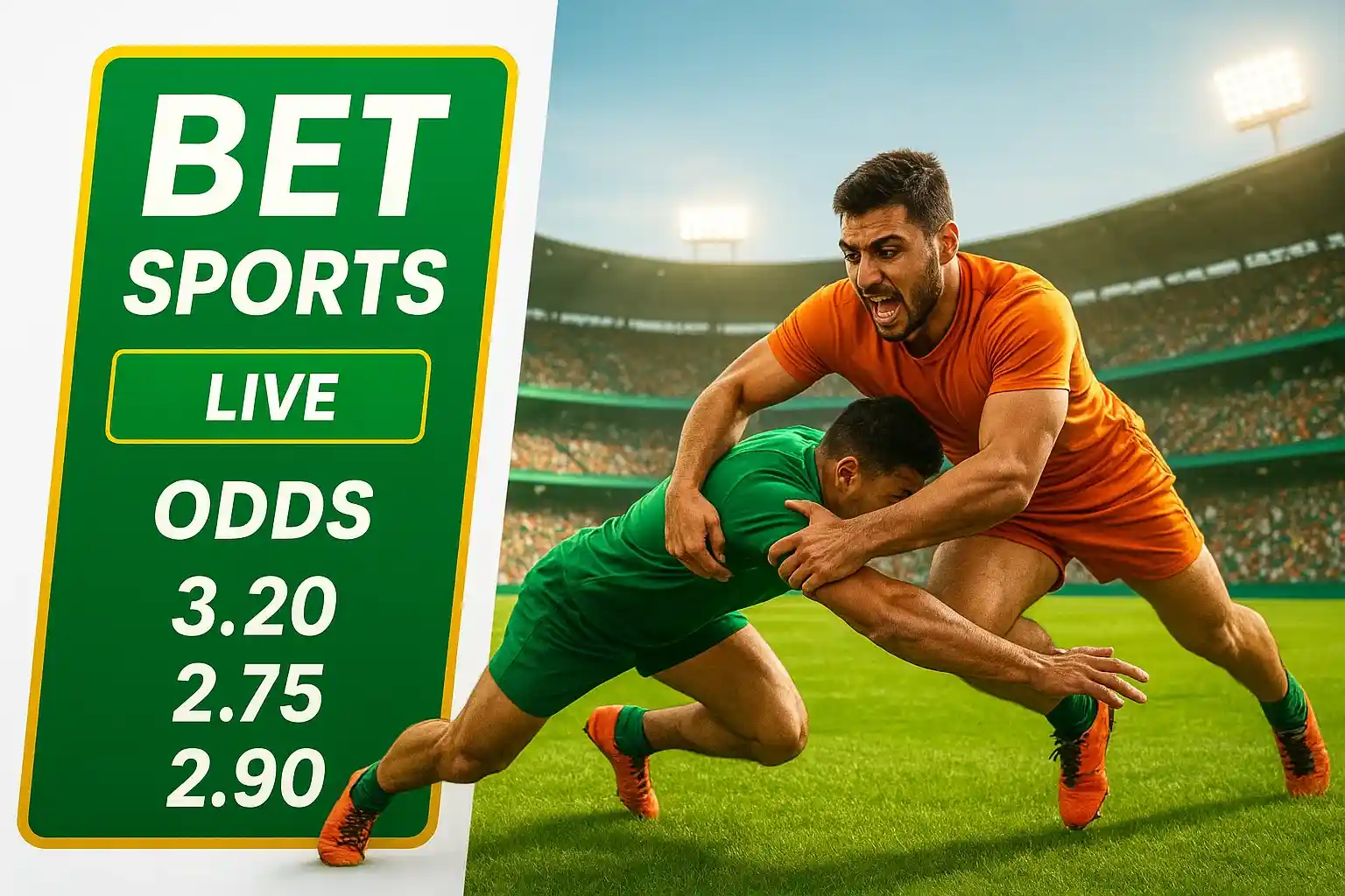 Pakistani sports betting banner with kabaddi tackle in packed green stadium