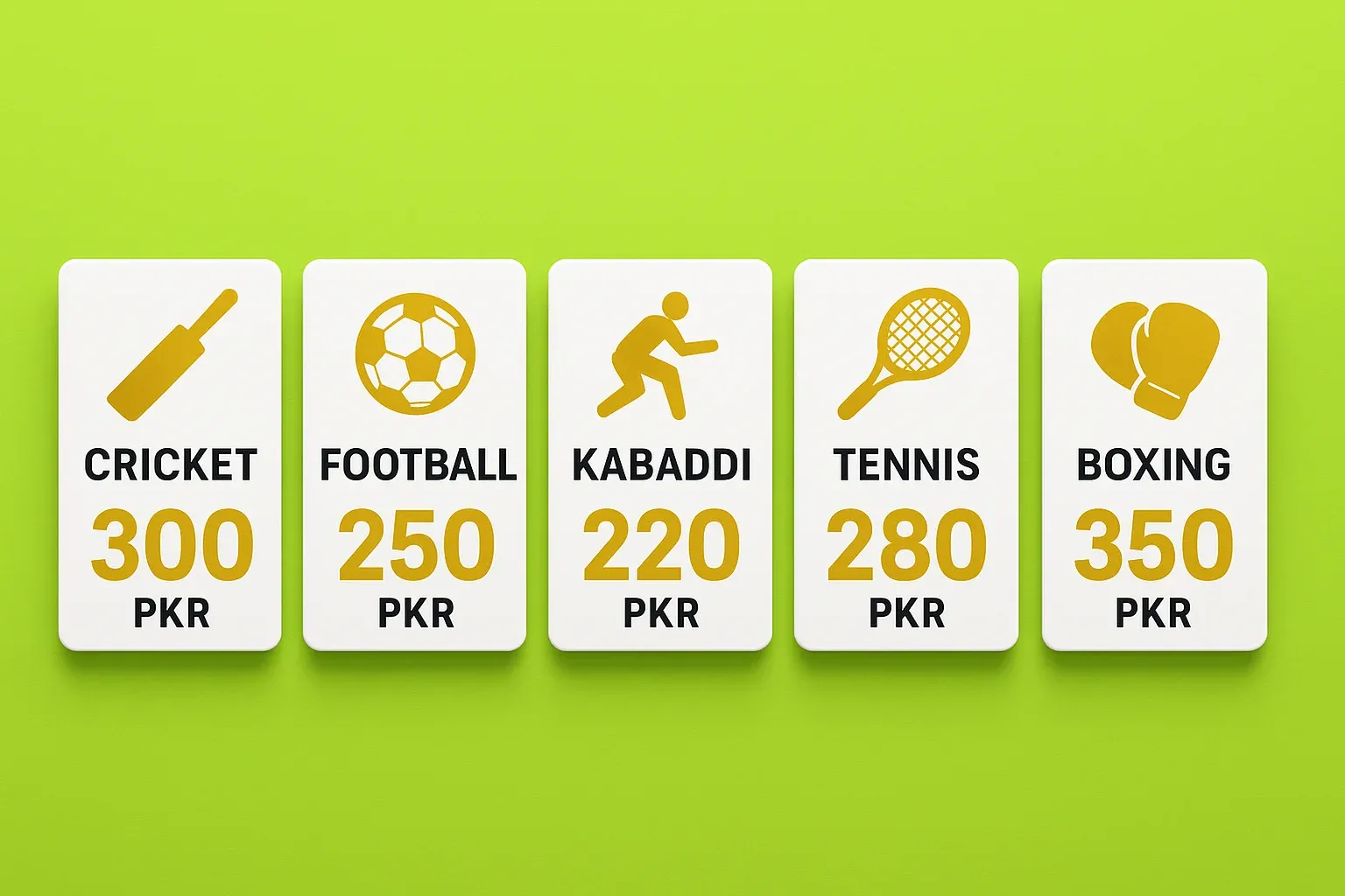 Sports betting markets UI with five sport cards and PKR odds