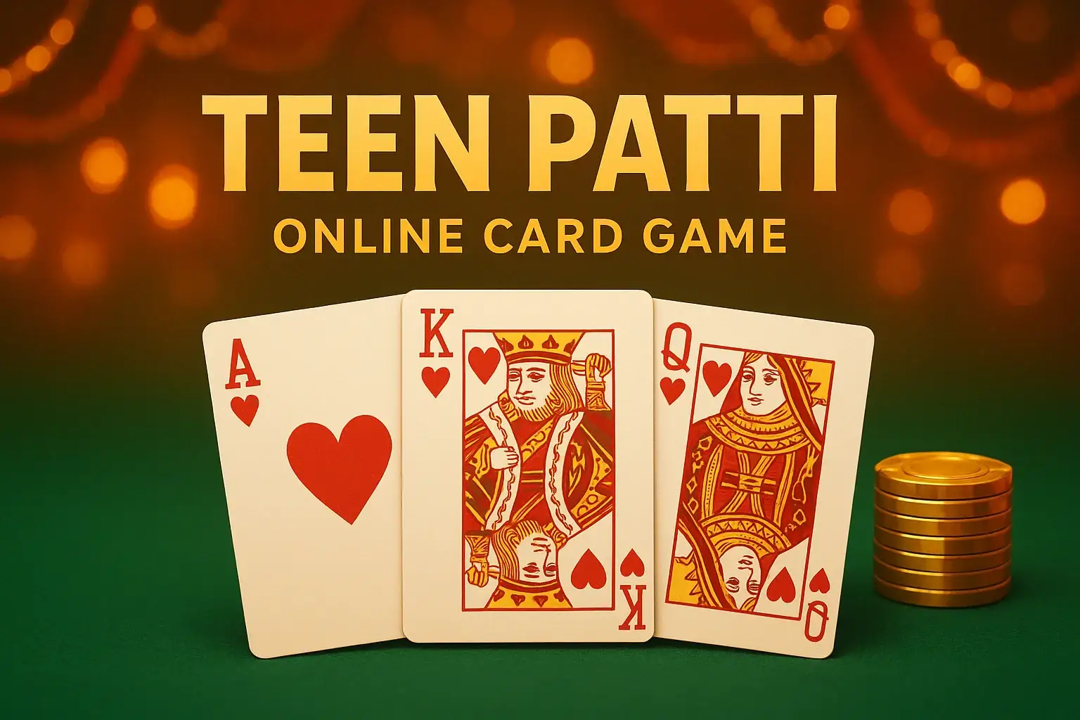 Teen Patti online banner with royal flush cards, green felt, gold chips
