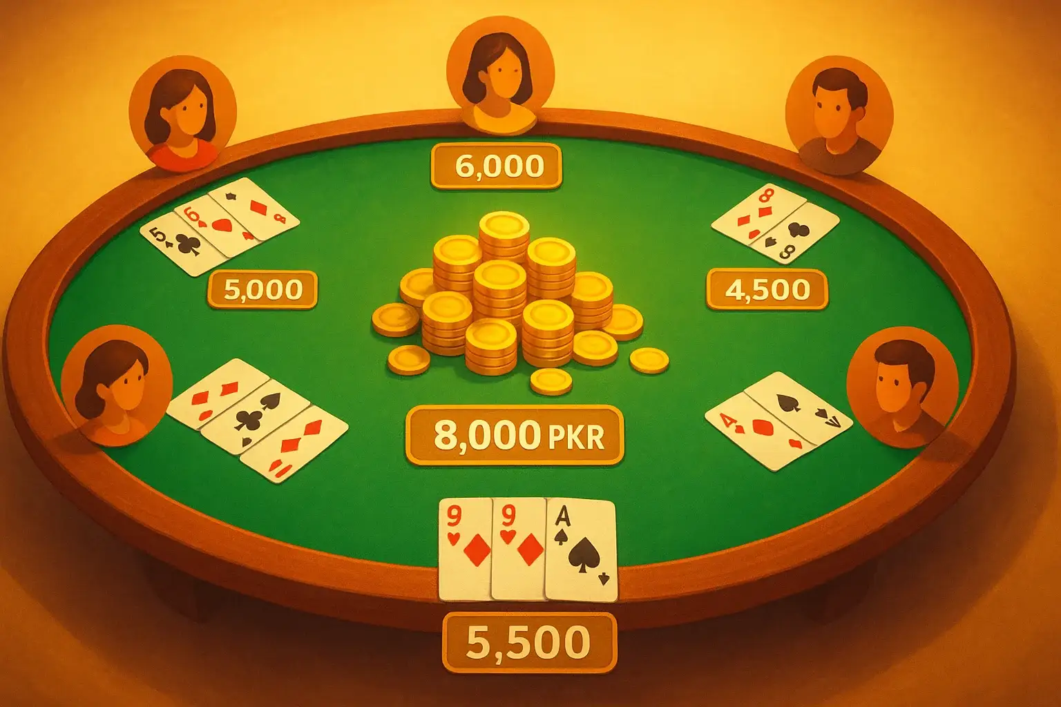 Aerial Teen Patti table with six players, face-up cards, gold coins